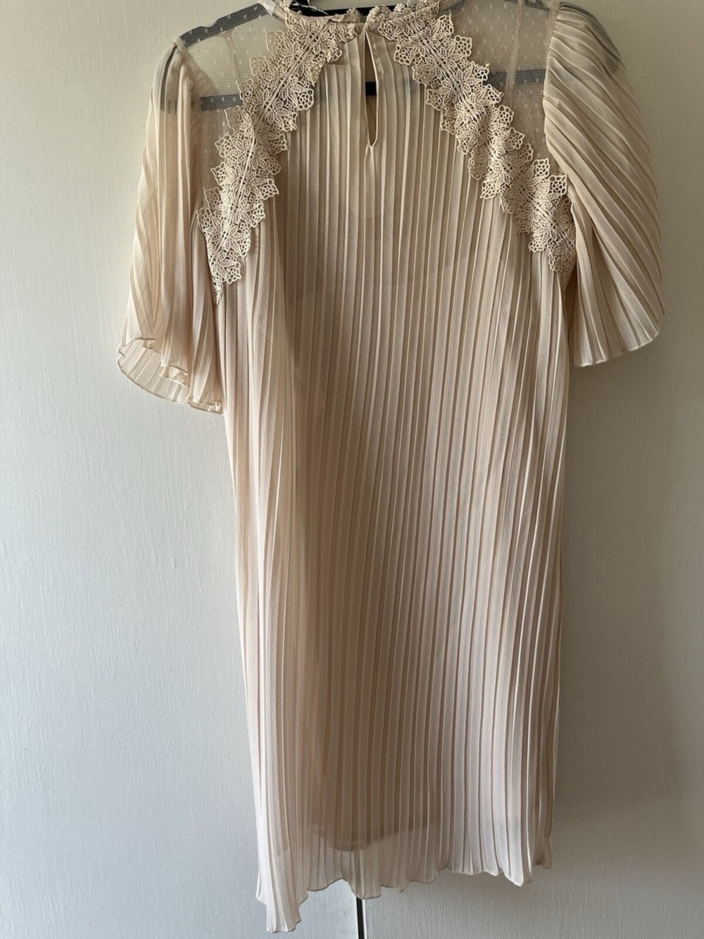 Zara Pale Pink Dress Size Pleated Lace-Trim Cream Women's Dress